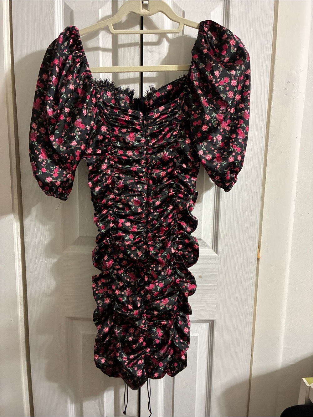 For Love & Lemons Melrose Black & Red Pink Floral Ruched Dress